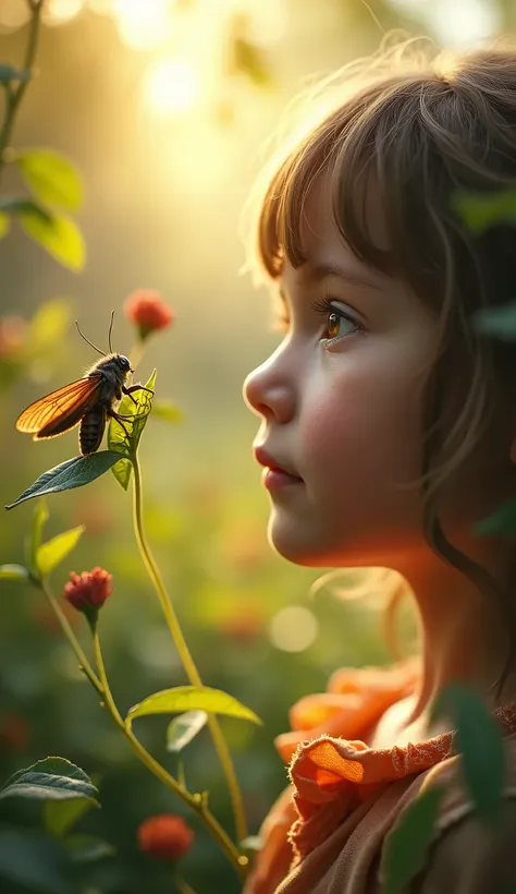 A young girl gazing at cicadas rubbing their wings together and chirping, detailed leaves and flowers in the background, warm sunlight, serene and peaceful atmosphere, ultra-detailed, 8k, photorealistic, masterpiece, vibrant colors, natural lighting, portr...