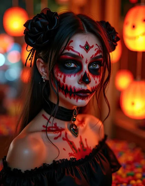 1girl, a female model wearing scary halloween makeup, halloween character dress up, decoration, atmosphere, halloween lanterns, ...