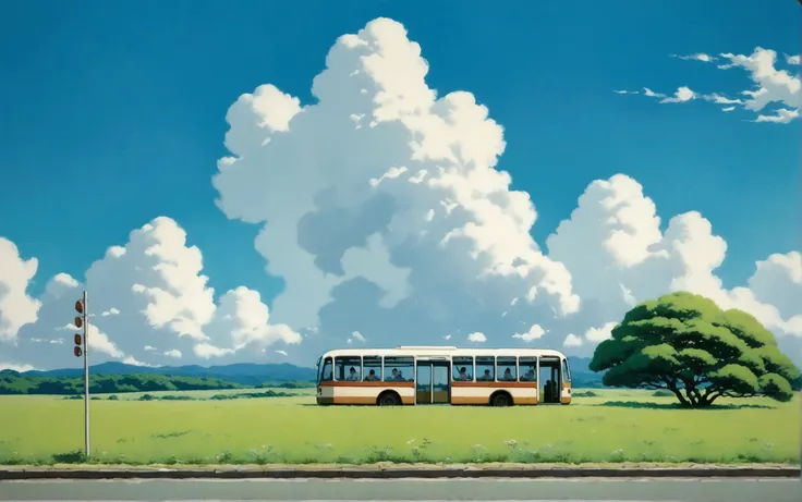 (minimalism:1.4), Bus stop , Studio Ghibli art, Miyazaki, pasture with blue sky and white clouds ,pastel , cute