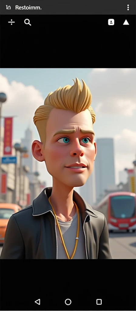 Create a cartoon image of a blond man with blue eyes walking down the street pichada soccer coach style because the 3D design is a type of cyberpunk illustration more in caricature and white perfect face and all in 3D High quality 8K