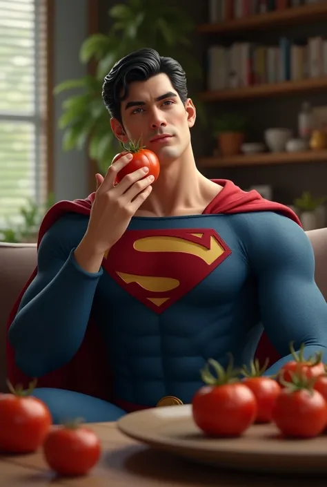 Superman eating tomato in house 