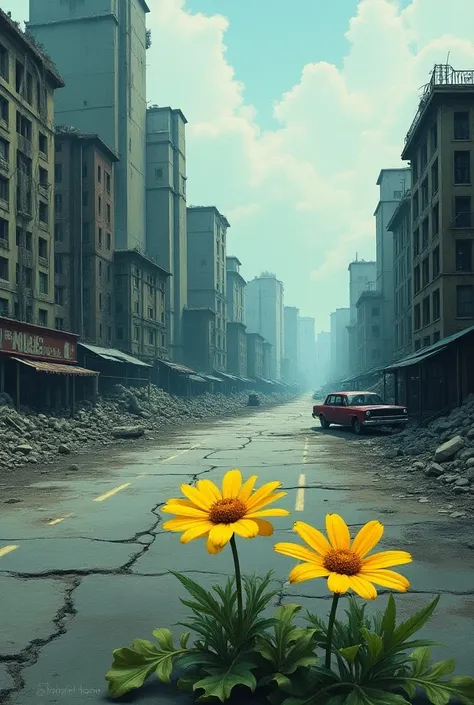 A drawing of a painting of an apocalyptic landscape of an abandoned city with broken asphalt, and collapsed cars and buildings , in shades of blue, greens and greys. In the foreground, two illustrations of two yellow flowers breaking the asphalt . Oil styl...