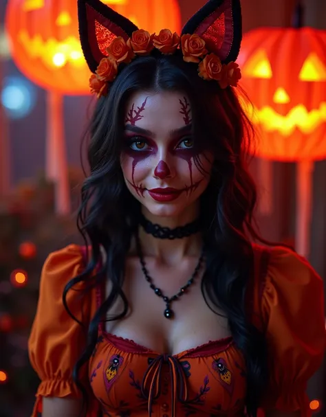 (vision:1.0)，(wide angle:1.0)，(whole body:1.8)，  halloween themed haunted house ，a female model wears scary halloween makeup，wea...