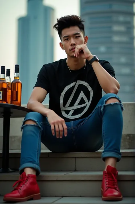 a very handsome young Korean man with trendy hair, sitting on the stairs holding a glass of whiskey, the man was wearing a black t-shirt that said "likinpark", his tight blue jeans were torn at the knees, red shoes in a hurry, in front of him there was a t...