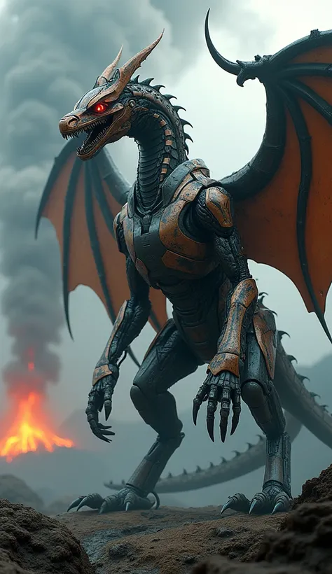 a futuristic mechanical fire-breathing dragon-like creature, intricate mechanical details, steel, copper, chrome, large wings, glowing red eyes, powerful talons, volcanic landscape, dramatic lighting, cinematic composition, muted color palette, photorealis...