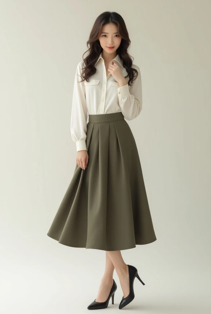 Beutifull woman korean wearing the A line skirt flares slighty from the waist,giving it a flatering shape for most body types. Pair it with a classic button blouse for a pencil skirt whith a stylish silk blouse look wear shoes high heel stileeto standing w...