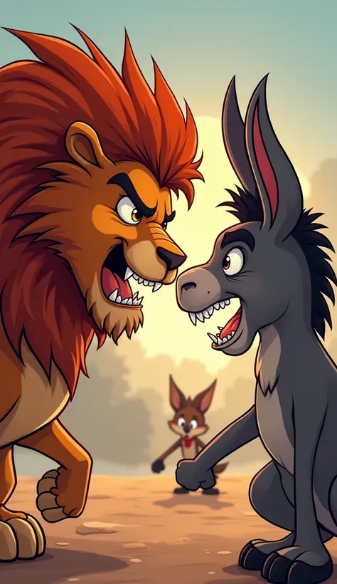 "A close-up of the cartoon lion roaring at the cartoon big donkey, his sharp teeth and fiery eyes visible. The donkey, instead of being scared, looks even more determined, still thinking he is about to become a minister. The fox is watching from the backgr...