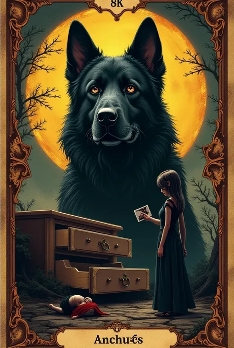 Tarot card with photo image of a giant dog tarot card with photo image funerary drawer and a shadow of a desperate distressed woman looking at a photo in her hand with an image of a couple full color bright colors 8k