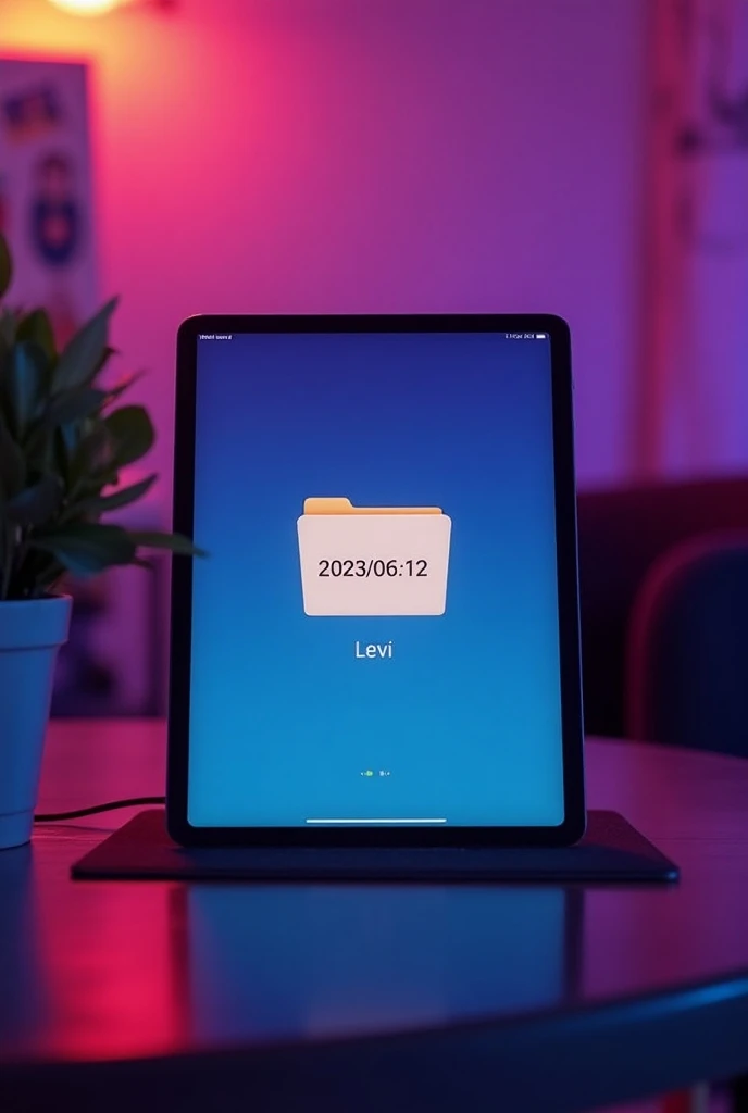 Ipad with a folder on it with the time of that folder being 2023/06/12 make it look realistic not ai generated and put the name of the folder levi put the ipad in table with the room being rgb light dont show anyone make the quality worse