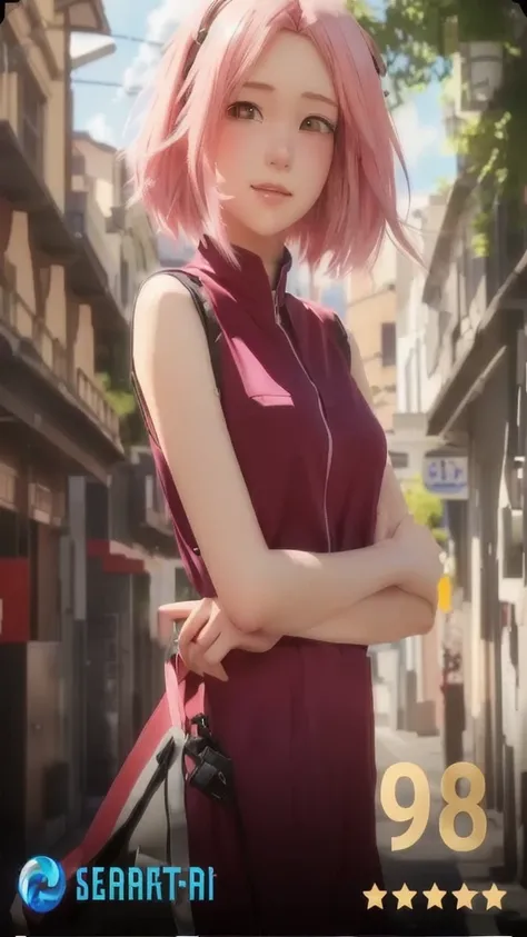 a woman with pink hair standing in a street with a backpack, anime girl in real life, trending on cgstation, anime style. 8k, cute girl with short pink hair, trending at cgstation, realistic anime 3 d style, female protagonist 👀 :8, anime style mixed with ...