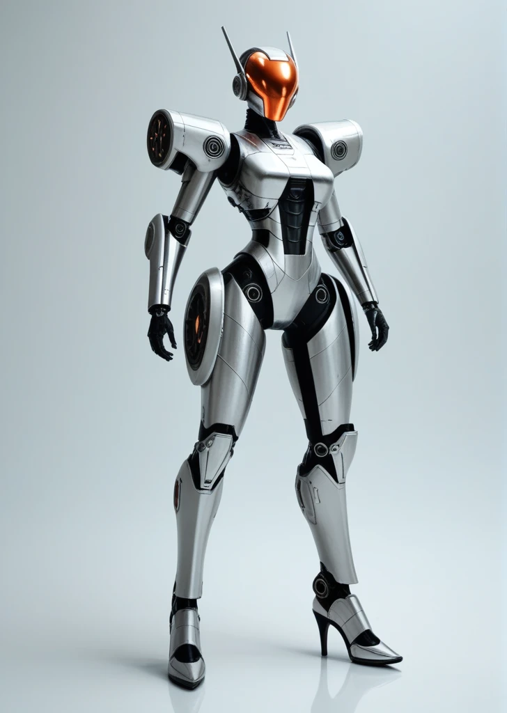 "A full-body image of Afrodita, a sleek and elegant female robot with a humanoid appearance. Her body is made of smooth, silver-like metallic surfaces with glowing accents, giving her a futuristic and advanced look. She has soft, humanoid facial features t...