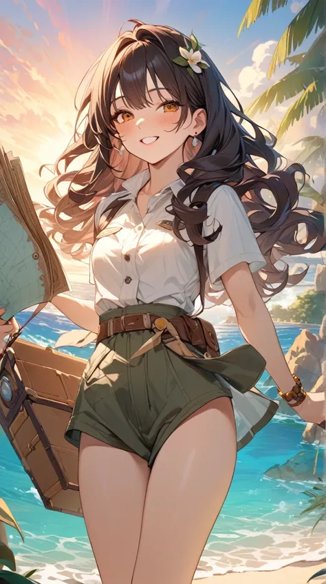 One Girl、Brave look、Bright smile、Long Curly Hair、 Explorer Outfits 、Hall々A positive attitude、Small breasts、 Holding a Treasure Map in Hand、  
break、  
Sunrise light、（ Vivid Hues :1.2）、 Warm Tones 、 Energetic Vibes 、 Historic Feeling 、 Artistic Details 、 Vi...