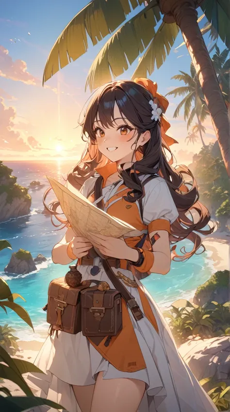 One Girl、Brave look、Bright smile、Long Curly Hair、 Explorer Outfits 、Hall々A positive attitude、Small breasts、 Holding a Treasure Map in Hand、  
break、  
Sunrise light、（ Vivid Hues :1.2）、 Warm Tones 、 Energetic Vibes 、 Historic Feeling 、 Artistic Details 、 Vi...