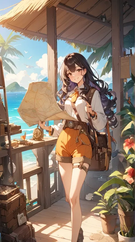 One Girl、Brave look、Bright smile、Long Curly Hair、 Explorer Outfits 、Hall々A positive attitude、Small breasts、 Holding a Treasure Map in Hand、  
break、  
Sunrise light、（ Vivid Hues :1.2）、 Warm Tones 、 Energetic Vibes 、 Historic Feeling 、 Artistic Details 、 Vi...