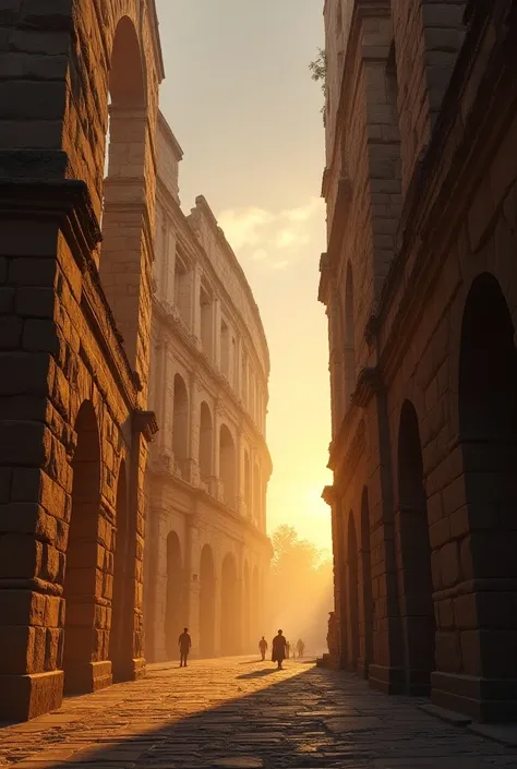 A wide-angle shot of the vast, empty Coliseum at sunset, its towering stone walls glowing in the fading light, with shadows of spectators leaving through the grand arches, shot with a Sony A7R IV, 28mm lens, warm golden tones