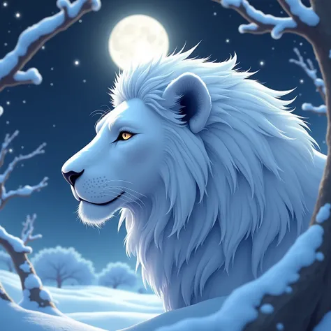 Close up, Macro head, 3D anime style aesthetic wallpaper, Side view of a white lion, snow atmosfer, moon, night, tree branches, High quality, 3D anime art, Art station, Highly detailed, Aesthetic, Concept art, Very fine detail, Stunning, 8K resolution
