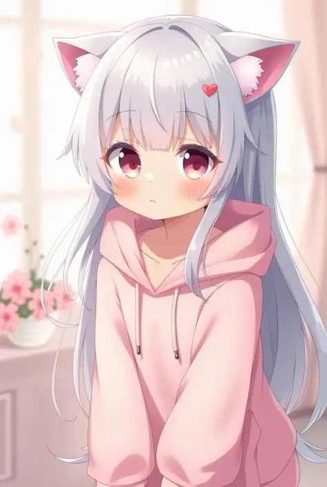 Cute shy anime girl with long silver hair pink cat hoodie and pink eyes 