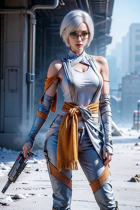 Futuristic character, full body, slim figure, short hair, white hair, standing in post-apocalypse in year 2050, shawl wrapped around waist, elbow wrapped in rope to lower left arm, life and orange in pattern, apocalyptic gun, accessory in hand and in colla...