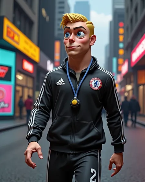 Create a cartoon image of a blond man with blue eyes walking down the street pichada soccer coach style because the 3D design is a type of cyberpunk illustration more in caricature and white perfect face and all in 3D High quality 8K