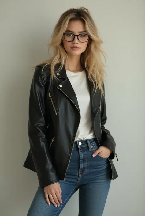 beautiful korean woman with glasses and long messy blonde hair wearing tshirt with leather jacket and jeans and shoes