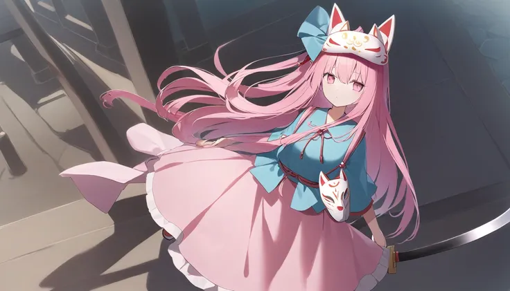 　  Im carrying very long pink hair and a large round bulging pink skirt of Naginata  、　 Pink Eyes 　Turquoise clothes 、   　girl、 light blue naginata seen from the top right  、expressionless、   holding a naginata with a fox mask on the right side of my head　...