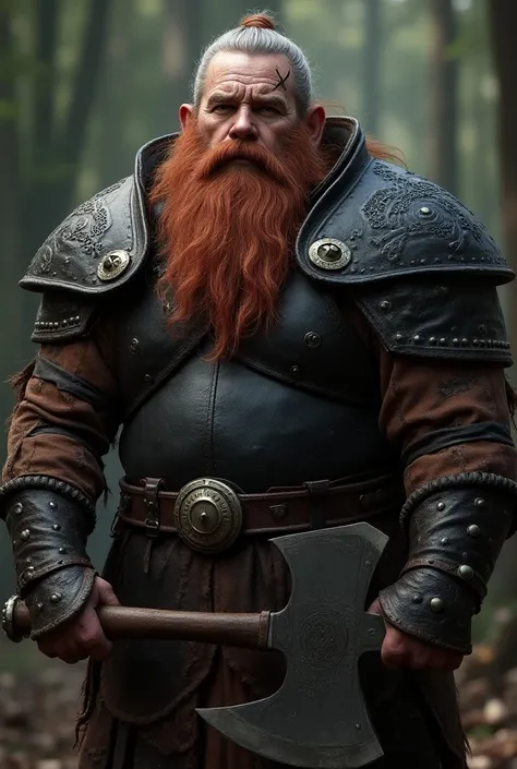 red-haired dwarf ,  with beard of the same color with rings on his silver beard , scar on left eye,  black leather armor with symbols of Viking runes ,  with his axe in hand with engravings of Viking runes on the handle 