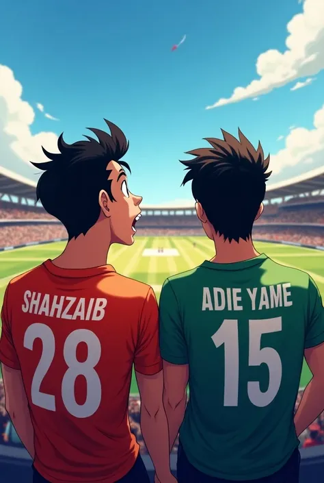 Watching cricket match me and my best friend please writes name in shirts my name Adeel my friend name Shahzaib name in shirts anime types 