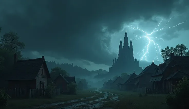 "A village under a dark, swirling storm cloud. Lightning flashes occasionally, illuminating the ancient temple ruins nearby, hinting at danger."





