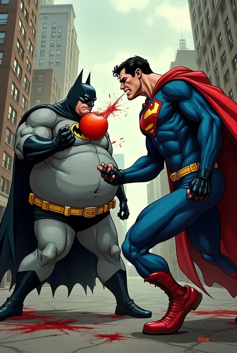 Fat batman throw tomato on superman face