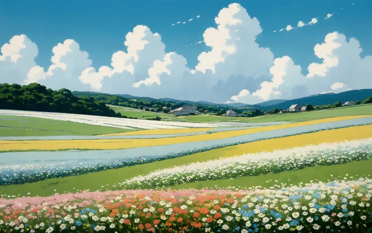 (minimalism:1.4), flower field , studio ghibli art, miyazaki, pasture with blue sky and white clouds ,pastel , cute