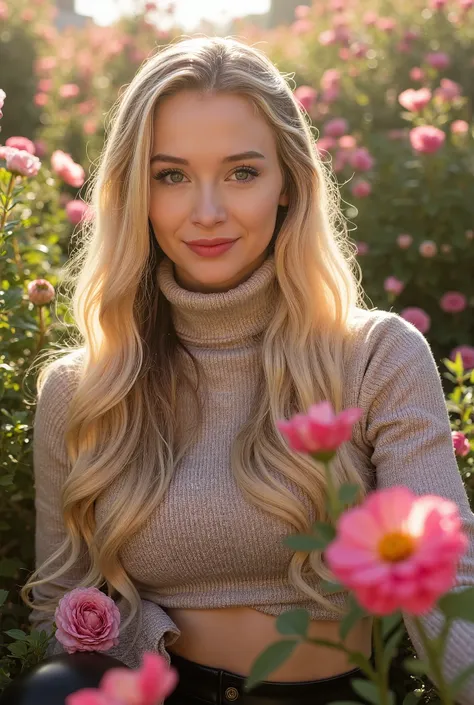 full body image of beb4h4nflx, wearing a turtleneck sweater and leather pants, blonde hair, surrounded by flowers, sweet romantic lighting, godrays, sunlight