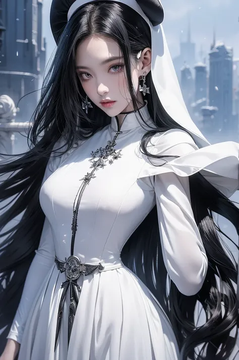 anime style quality, digital drawing mode, This mysterious scene features a confident vampire in a sleek, form-fitting white latex costume with delicate silver detailing. The setting is a dark, gothic cityscape with towering spires and foggy streets, creat...