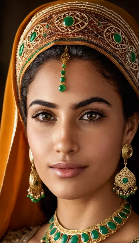 She has radiant, olive-toned skin that captures the warmth of the Mediterranean sun, reflecting the diverse blend of cultures in Algeria. Her almond-shaped, dark brown eyes are expressive and framed by thick, arched brows, hinting at both the ancient histo...