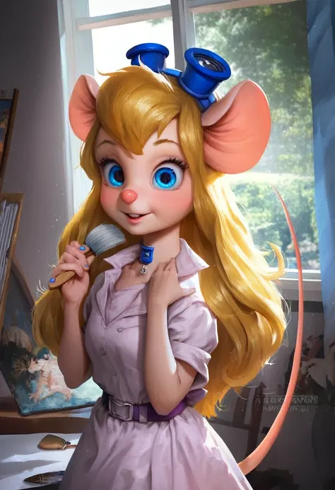 score_9, score_8, score_7, score_6, gadget, cartoon, mouse tail, blonde blue eyed girl with a brush and a painting board in fron...