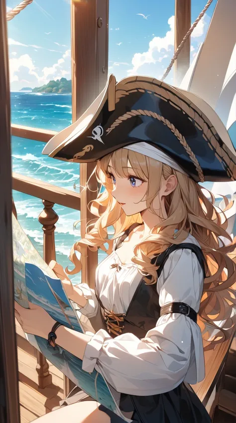 One Girl、 Adventurous Expression 、Bright Eyes、Long Curly Hair、 Pirate Style Outfits 、Hall々A positive attitude、Small breasts、 Holding a Map in Hand、  
break、  
Morning Light、（ Vivid Hues :1.2）、Fresh breeze、 Vibrant Atmosphere 、 Historic Feeling 、 Artistic D...