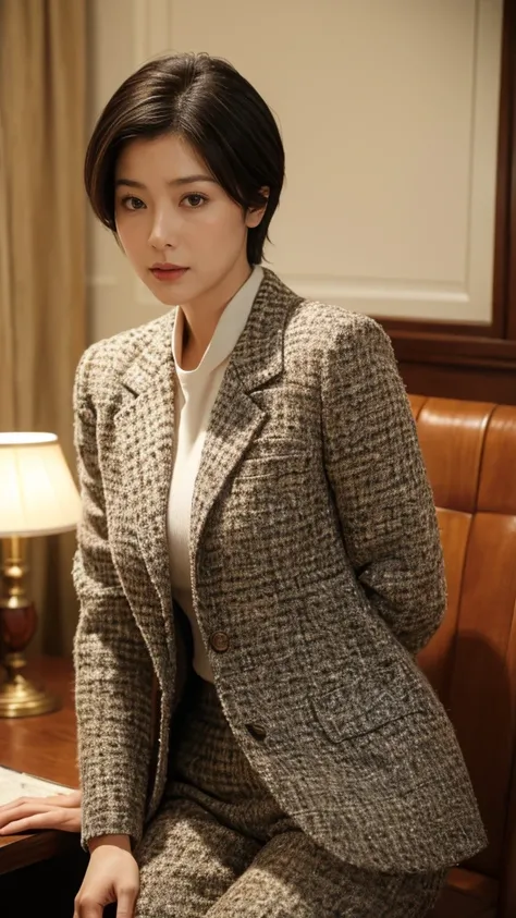 solo,  Turn your gaze,  High Resolution ,  anatomically correct,  ultra-fine,  textured skin, woman、40 years old、Narrow eyes、Center parted very short hair、 perfect style 、Tweed suit 、Detective、背景はDetective事務所、