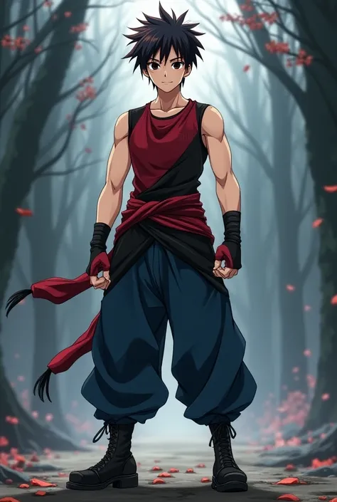 Make a anime 18 year old lean muscle boy with big black eyes and Black hair with burgundy tips wearing a burgundy and black sleeveless tshirt and black blue pant with black shoes in shonen demon slayer artstyle 