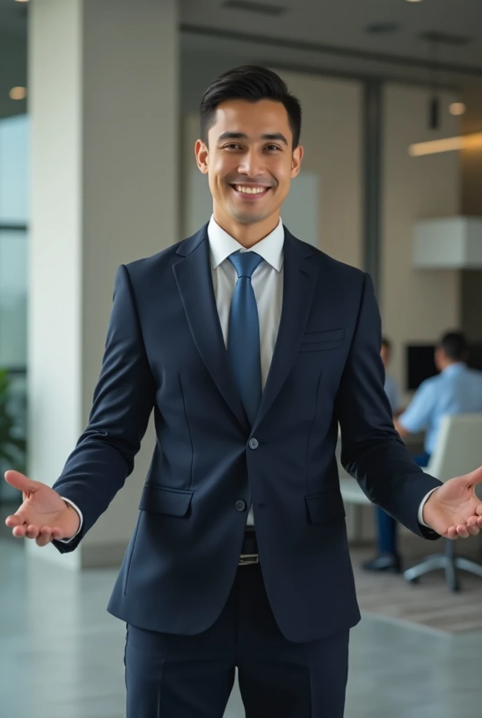 Une jeune homme Directeur des ressources humaines dune grosse entreprise. 
Debout avec un sourire et une posture ouverte à la communication, faisant état de prestation de service de son entreprise 
