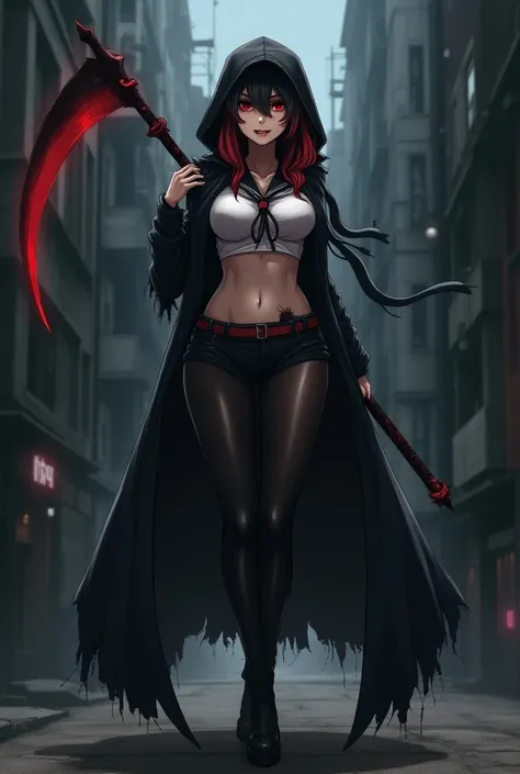  medium hair,Black Hair, white hair tips , inner color of hair red ,Tall, adult woman,Sailor suit, black hooded jumper over my clothes,Black tights, orca tails grow ,Abandoned city at night , vicious smile ,I have a large scythe in my hand ,beautiful girl,...