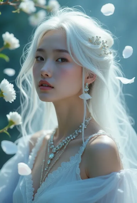 Create a stunning masterpiece featuring a beautiful white-haired young adult female as the central figure. She is adorned with delicate, iridescent jewelry—shimmering necklaces, earrings, and bracelets that mirror the cool, ethereal tones of her hair, addi...