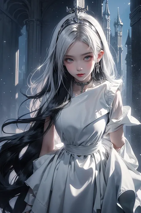 anime style quality, digital drawing mode, This mysterious scene features a confident vampire in a sleek, form-fitting white latex costume with delicate silver detailing. The setting is a dark, gothic cityscape with towering spires and foggy streets, creat...