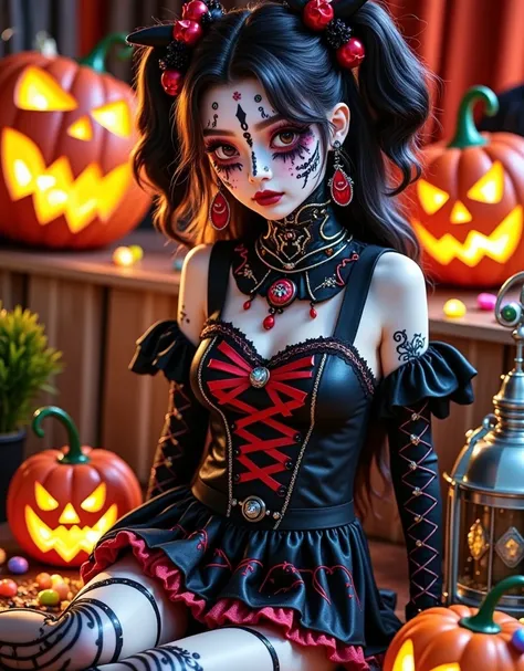 (vision:1.0)，(wide angle:1.0)，(whole body:1.8)，  halloween themed haunted house ，1girl,  a female model wears scary halloween ma...