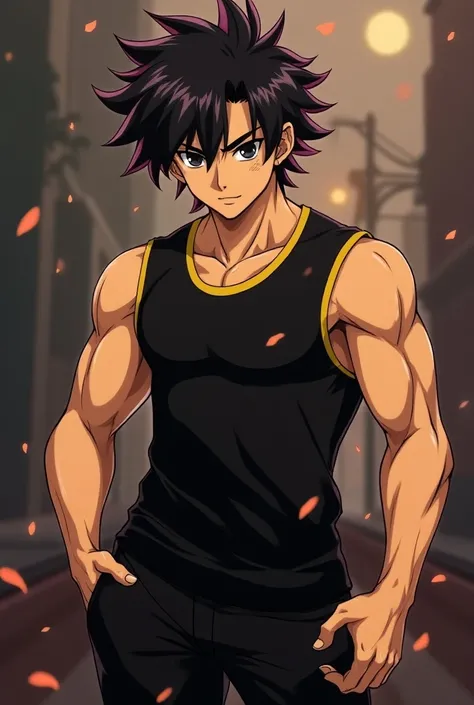 Make a anime 18 year old lean muscle boy with big black eyes and Black hair with burgundy tips wearing a yellow strip on  black sleeveless tshirt and black pant with black shoes in shonen demon slayer artstyle 