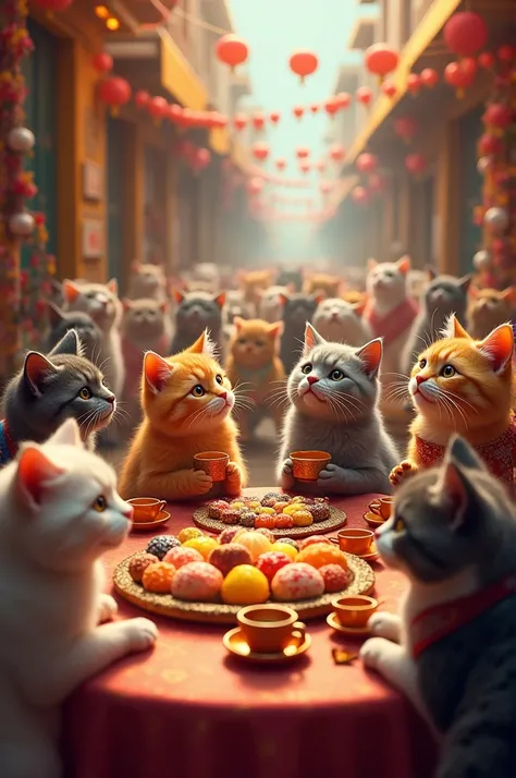 Cats of all kinds, from small kittens to older, wise-looking felines, are gathered around tables filled with traditional sweets. They are enjoying colorful mithai, with some cats chatting in groups while others sip from small cups. The alley is alive with ...