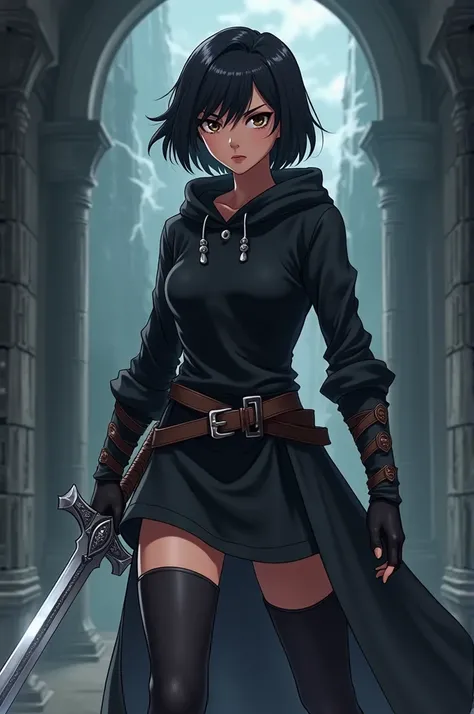  create an anime panel :  an adult woman with short black hair,  brown eyes,  wearing medieval black clothes , a black hoodie , with a black boot,  holding a sword  