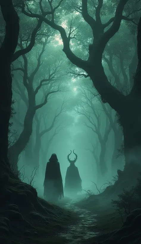 Show a dark, mysterious ancient forest with eerie mist swirling around, representing the unknown history of demons (rākṣasas). The mood should feel suspenseful and ancient.