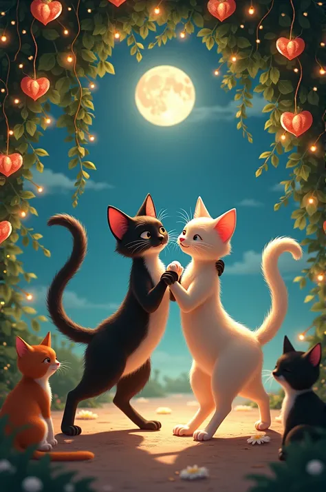 Under a canopy of hanging flowers and lights, Mitti and Sheru share a graceful, intimate dance. They move in harmony while the other cats watch in awe. The moon is just starting to rise in the sky, casting a silver glow on the scene, adding to the romantic...