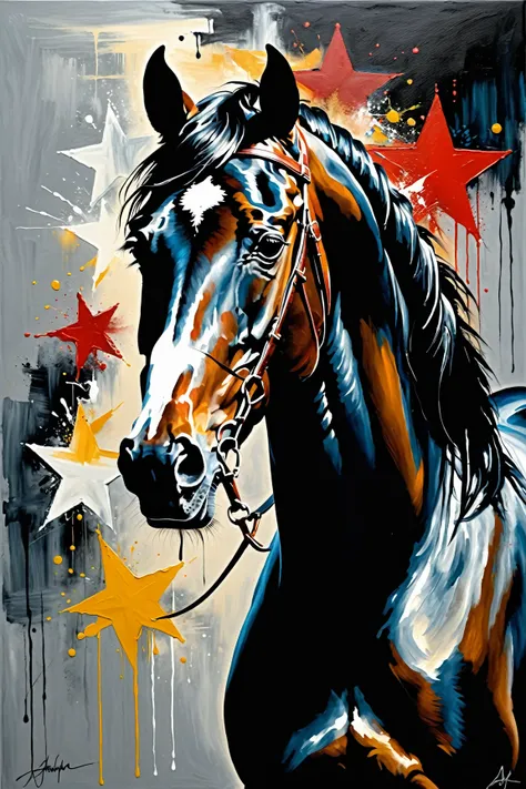 Create an oil painting of a majestic black Arabian horse, facing forward with a striking, powerful presence. The horse should have a small white star on its forehead and be painted with rich, textured brushstrokes, capturing the intricate details of its fl...