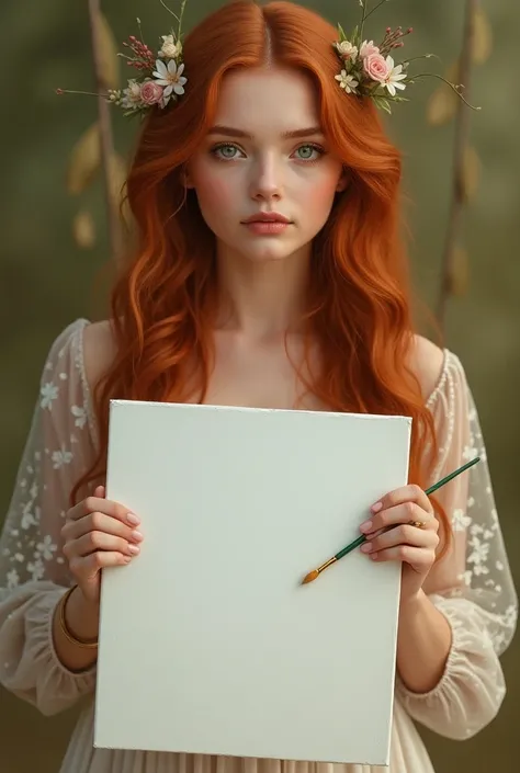  Beautiful girl with long wavy hair,  Redhead, with green eyes, bohemian dress, holding a brush and a white canvas showing it to the spectator