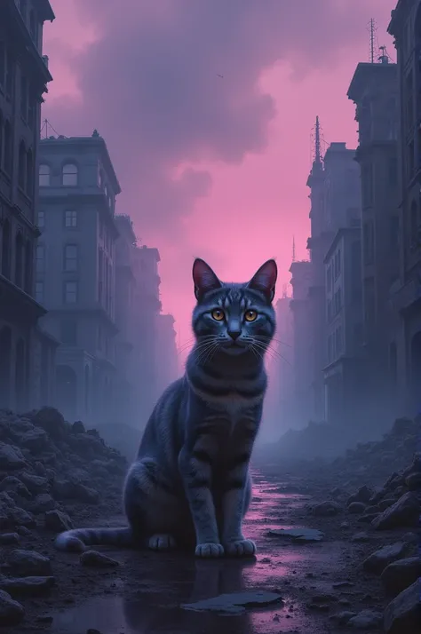 An image of an apocalyptic landscape with shades of purple and blue with a cat 